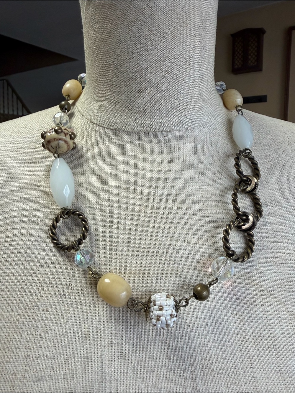 Vintage Chunky Statement Mixed Media Bead Necklace w/ Velvet Ribbon Tie